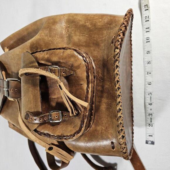 Vintage Handmade In Mexico Sturdy Brown Leather Backpack Cinch & Buckle - Picture 10 of 14